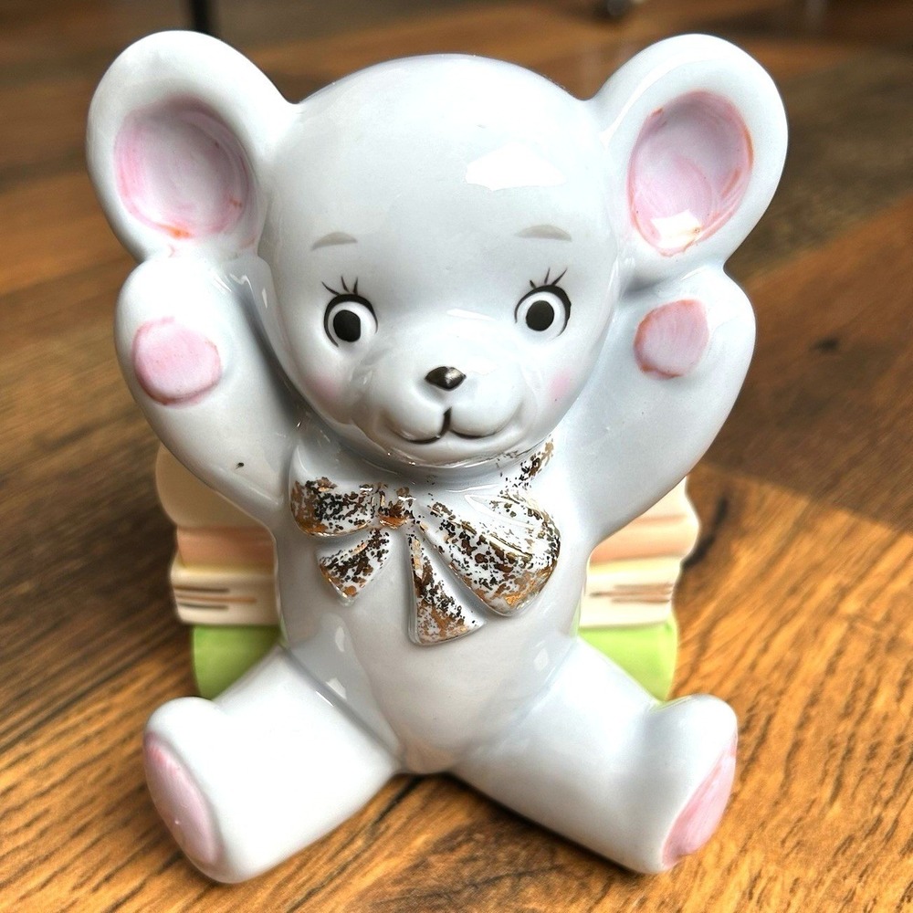 Vintage Shafford Hand Painted #4177 Pink Teddy Bear 'Baby Book' Ceramic Planter
